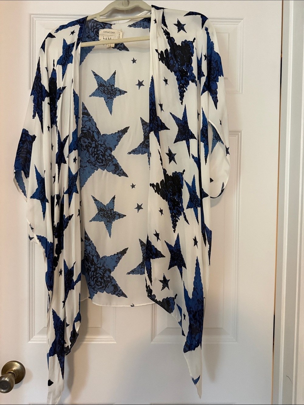 Nicole Miller White Kimono Cardigan with Blue Star Print